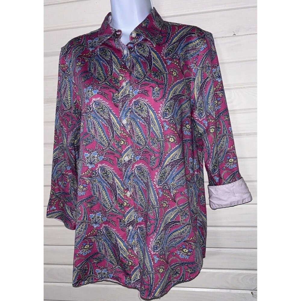 Ralph Lauren CHAPS Sz LARGE No Iron Pink Paisley Cotton Top Contrast Cuffs EUC